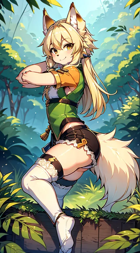 Wolf Boy，Wolf-eared boy，Archer Boy，Smile，cute，Tail，狼Tail，金色Tail，Hunter Junior，furry，furry，hairy，Blonde hair all over，Golden fur，...