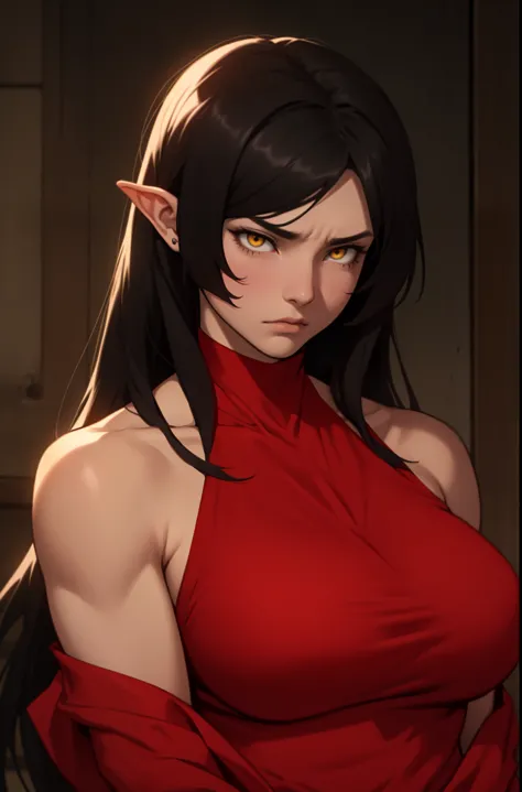 hair flaps massive hair long hair black hair onyx pale skin yellow eyes huge muscles huge breasts sad sad angry sad girl red silk red silk silk sad pale red silk sad