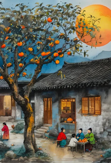 ink painting：china 70oonlight，village yard，warm home，terrace，persimmon tree，happy little guys