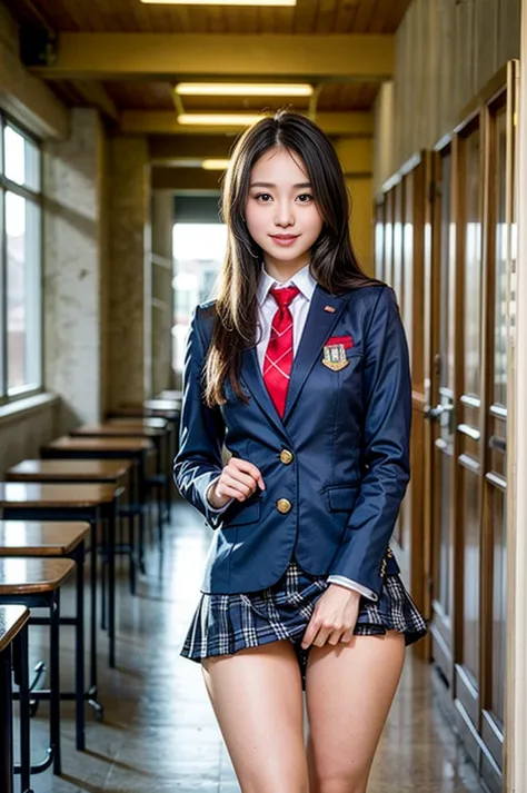 ((masterpiece)),(((best quality))),thin thighs,long legs,girl standing in school,red tie uniform,dark blue blazer,blue plaid ski...