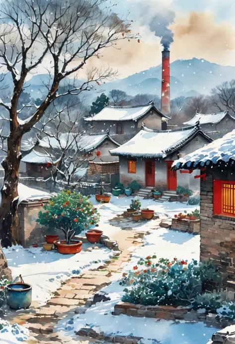 ink painting：china 70s，winter，heavy snow，village courtyard，warm home，patio，chimney，tree，the trail，water tank in the yard，happy l...