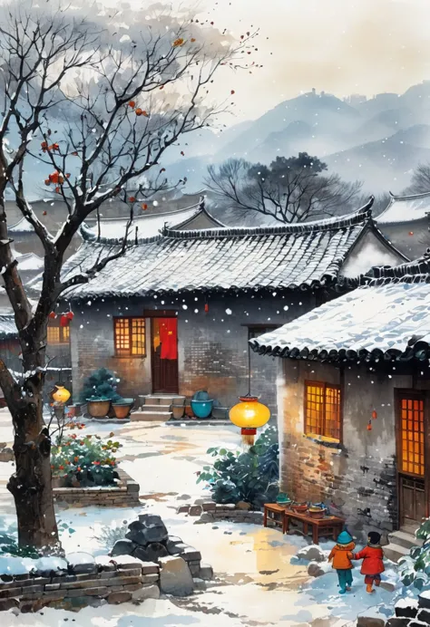 ink painting：china 70s，winter，heavy snow，village courtyard，warm home，patio，chimney，tree，the trail，water tank in the yard，happy l...