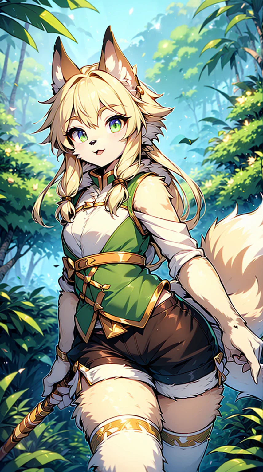 Wolf Boy，Wolf-eared boy，Archer Boy，Smile，cute，Tail，狼Tail，金色Tail，Hunter Junior，furry，furry，hairy，Blonde hair all over，Golden fur，Golden fur，Green Archer Costume，quiver，背着quiver，Long hair，blond，hunter costume，holding a longbow，Holding a bow and arrow，hunter costume，furry，White silk knee socks，White knee socks，White lace over-the-knee socks，Shorts Leather Shorts，Big Ass，Pseudo-sissy ass，femboy，绿色hunter costume，Forest Background，Jungle Background，Outdoor Background