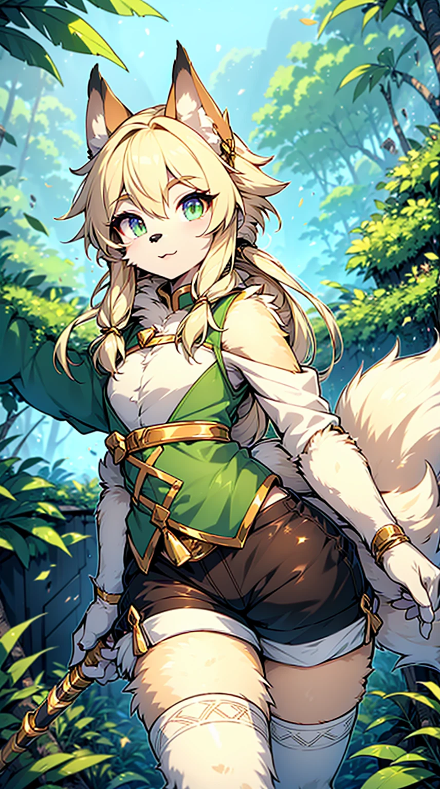 Wolf Boy，Wolf-eared boy，Archer Boy，Smile，cute，Tail，狼Tail，金色Tail，Hunter Junior，furry，furry，hairy，Blonde hair all over，Golden fur，Golden fur，Green Archer Costume，quiver，背着quiver，Long hair，blond，hunter costume，holding a longbow，Holding a bow and arrow，hunter costume，furry，White silk knee socks，White knee socks，White lace over-the-knee socks，Shorts Leather Shorts，Big Ass，Pseudo-sissy ass，femboy，绿色hunter costume，Forest Background，Jungle Background，Outdoor Background