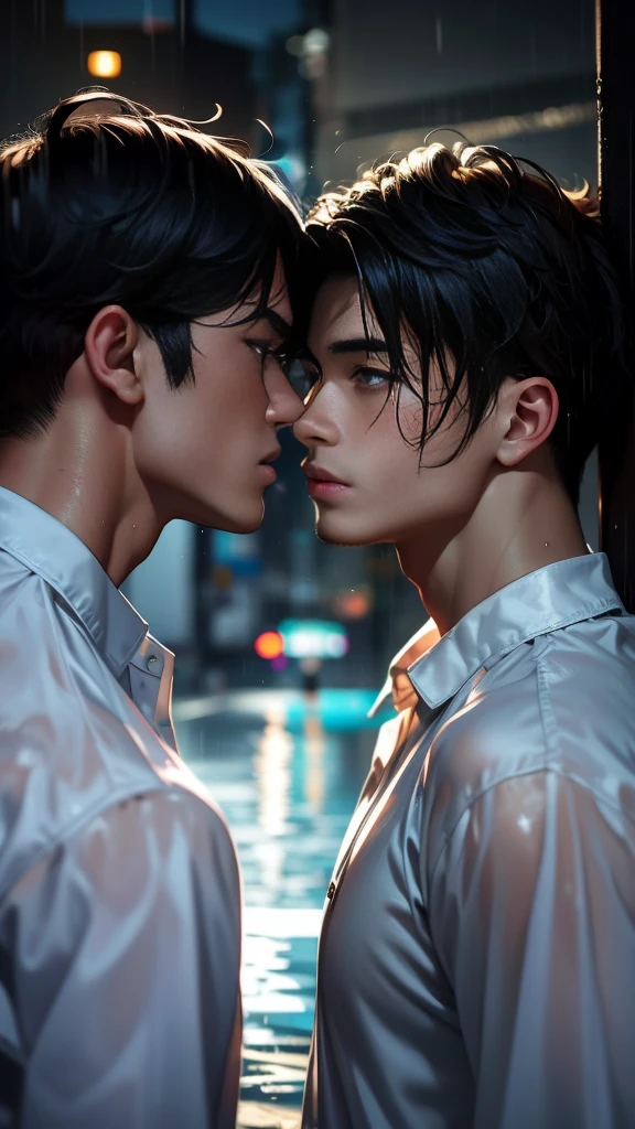 Two handsome 2 men about to kiss.。Handsome man gets wet in the rain、The clothes are transparent。He wears a white shirt。The man on the left holds the wrist of the man on the right