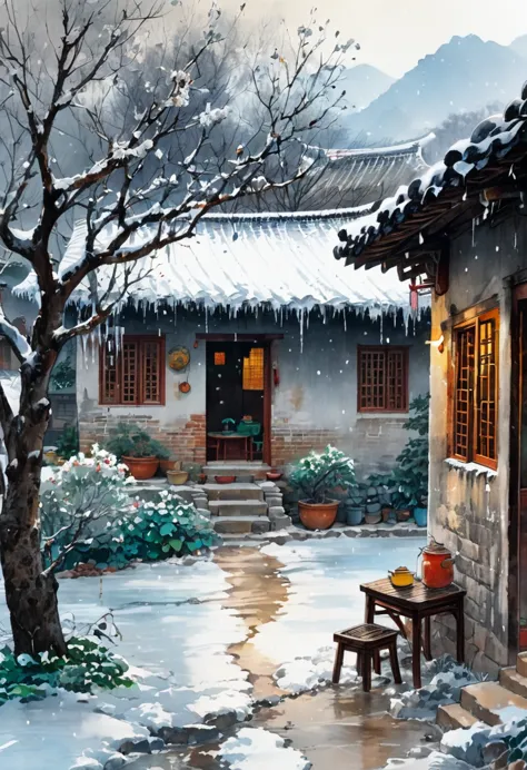 ink painting：china 70s，winter，heavy snow，village courtyard，warm home，patio，icicles on the eaves，tree，the trail，water tank in the...