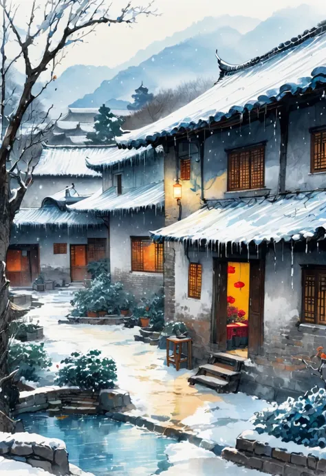 ink painting：china 70s，winter，heavy snow，village courtyard，warm home，patio，icicles on the eaves，tree，the trail，water tank in the...