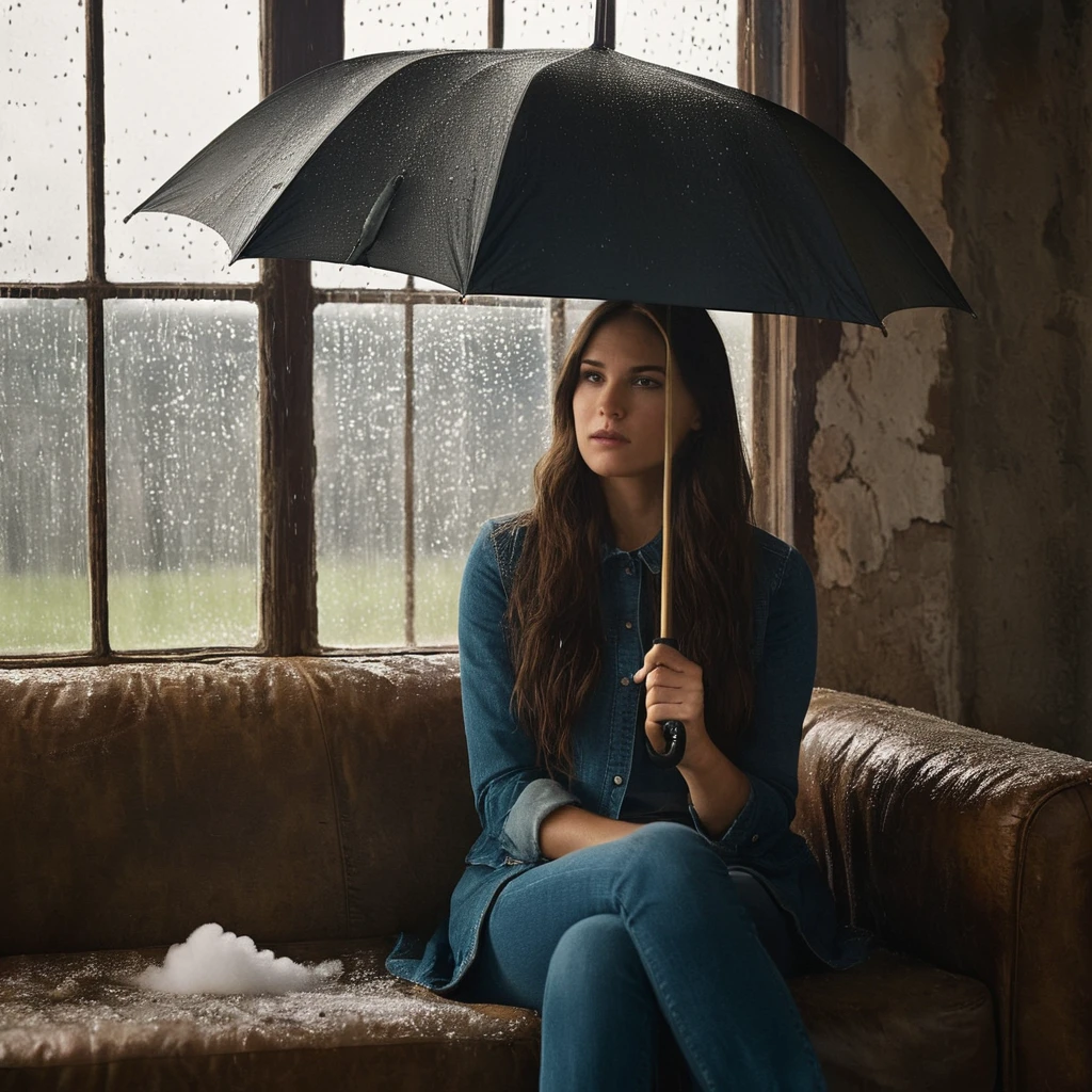 cinematic film still of  Juxtaposition of a woman sentado on a sofá holding an guarda-chuva with foamy cloud chuva above,1 garota,Sozinho,cabelo longo castanho,sentado,dentro de casa,janela,guarda-chuva,sofá,chuva,realista,Ruínas Juxtaposition,artístico,fotografia,Luz dramática,luz de sombra dramática,contraste,cor saturada,cinematic,cinematográfico,fotográfico,realista,Realismo,perfeitoion,perfeito,Justaposto,oposto,coisas diferentes,lado a lado,sincretismo,antítese,Estilo de justaposição,Ruínas , criativo, photoRealismo, hyperRealismo, Fine art fotografia style, Fine art cinematic fotografia style, profundidade superficial de campo, vinheta, Altamente detalhado, alto orçamento, Bokeh, cinemascópio, temperamental, épico, maravilhoso, film gchuva, gchuvay