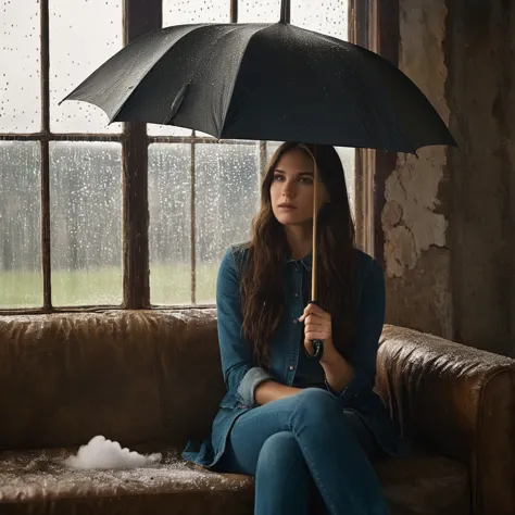 cinematic film still of  Juxtaposition of a woman sitting on a couch holding an umbrella with foamy cloud rain above,1girl,solo,...