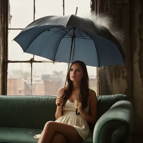 cinematic film still of  Juxtaposition of a woman sitting on a couch holding an umbrella with foamy cloud rain above,1girl,solo,...