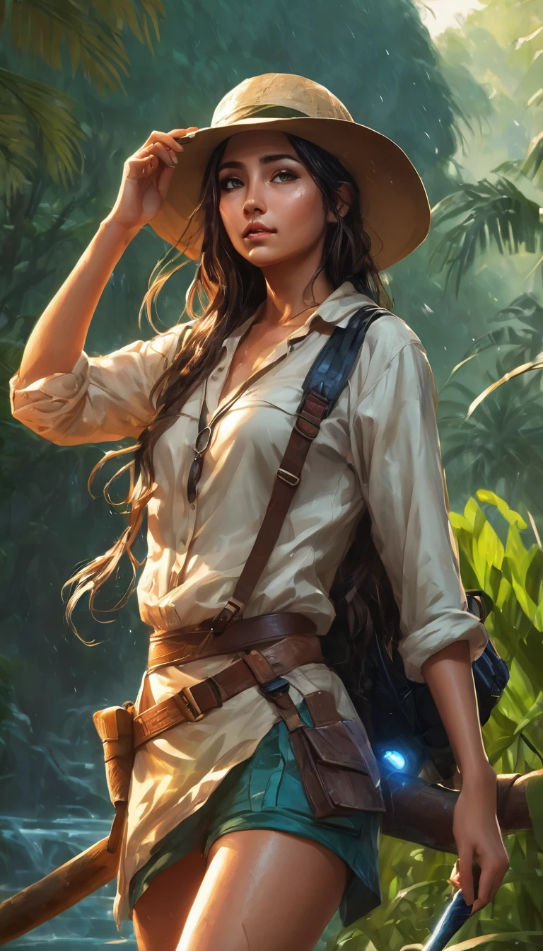 (masterpiece; best quality, highres, 8k, ultra detailed) score_9, score_8_up, score_7_up, cute girl, long hair, wavy hair, tan skin, beautiful face, curious expression,  blue eyes, wet skin, wet hair, safari outfit, hat, on boot , athlethic body, portrait, photoshoot, hold a dagger, golden hour, on jungle, walking on a creek, view from top, tying hair, ponytail, jungle adventure, jungle background, a bunch of animals, epic scenery, UHD, dramatic photoart, digitally manipulated, cinematic motion.