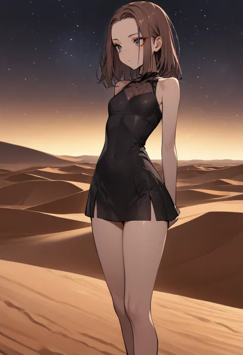 1girl, solo, black short dress, makeup, brown long thin hair, forehead, skinny body, sexy body, desert, night,