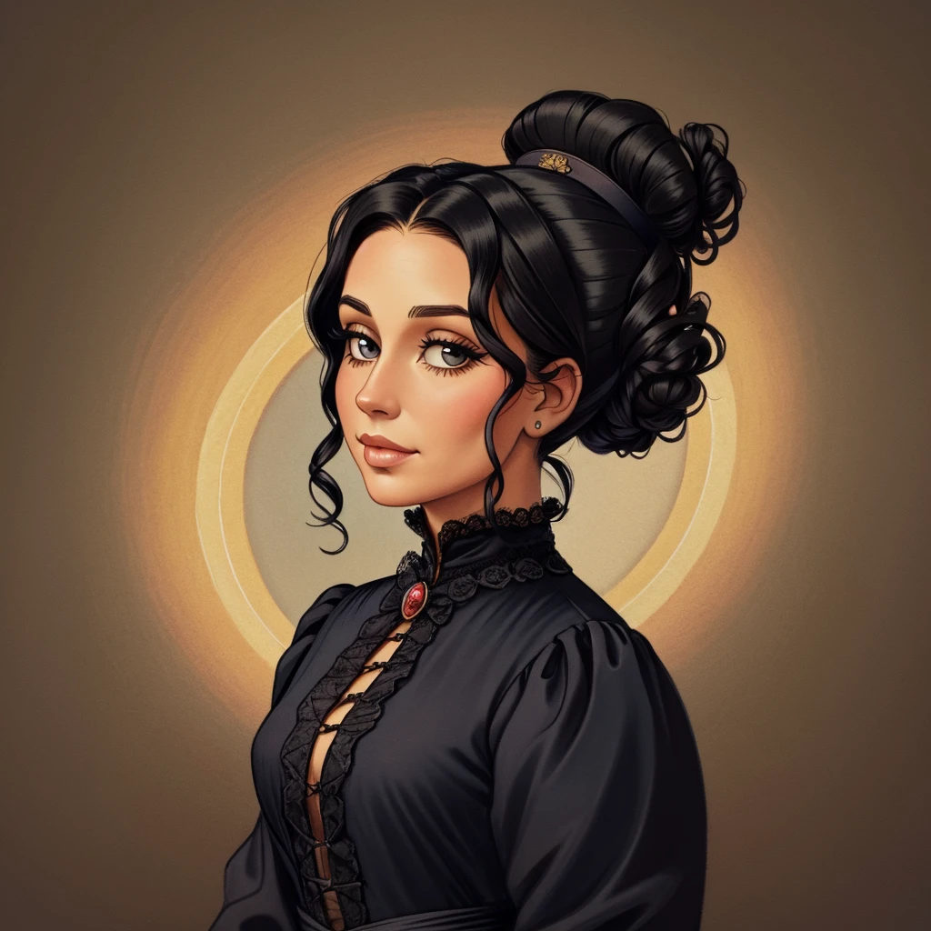 A colored pencil drawing of a pretty victorian governess, curly black hair. Kind and inteligent energy. hair in bun, hat
