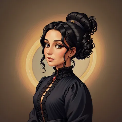 a colored pencil drawing of a pretty victorian governess, curly black hair. kind and inteligent energy. hair in bun, hat