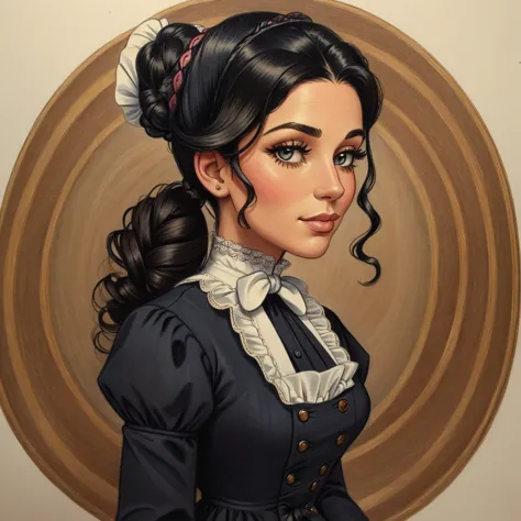 a colored pencil drawing of a pretty victorian governess, curly black hair. kind and inteligent energy. hair in bun, hat