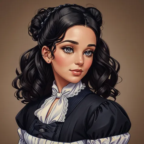 a colored pencil drawing of a pretty victorian governess, curly black hair. kind and inteligent energy. hair in bun, hat