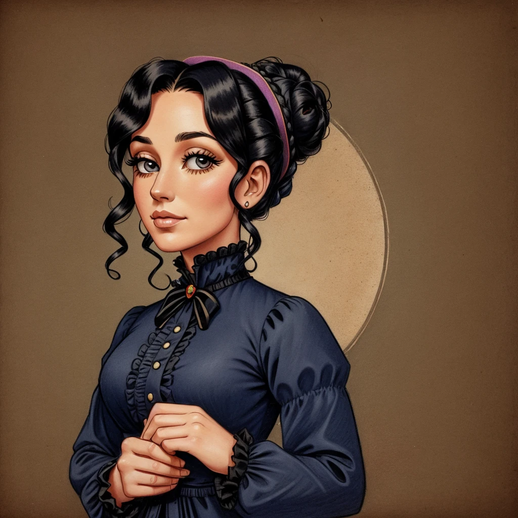 A colored pencil drawing of a pretty victorian governess, curly black hair. Kind and inteligent energy. hair in bun, hat
