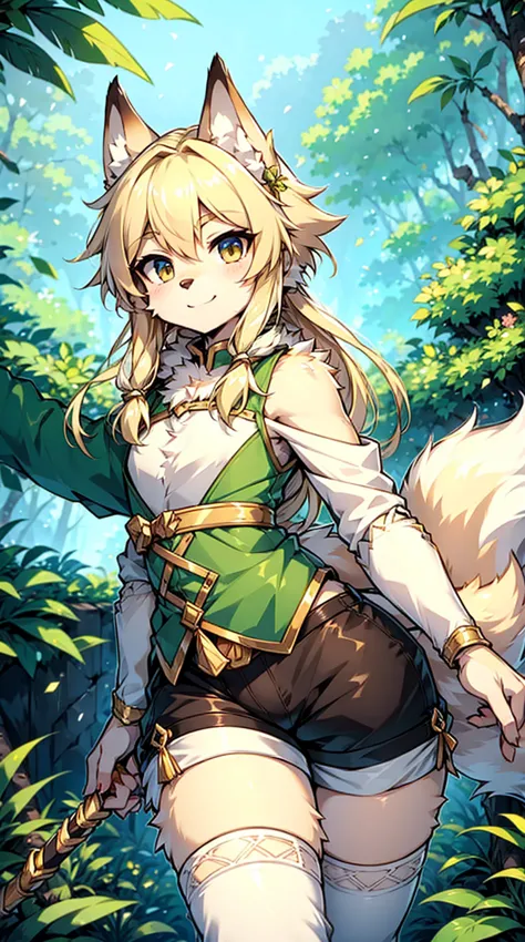 Wolf Boy，Wolf-eared boy，Archer Boy，Smile，cute，Tail，狼Tail，金色Tail，Hunter Junior，furry，furry，hairy，Blonde hair all over，Golden fur，...