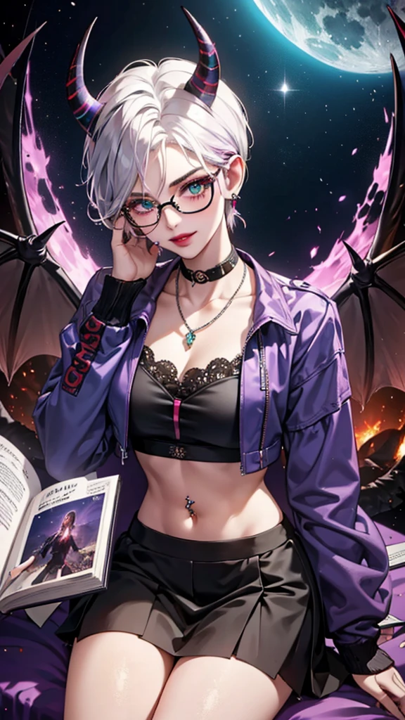 8k, masterpiece, best quality, highly detailed, 1 girl, tiefling, warlock, multicolored hair, very short straight hair green highlight hair on white hair, strippled hair, wearing glasses, round glasses, earrings, navel piercing, miniskirt, red eyeshadow, long eyelashes, blushed cheek, red lips, necklace, rings, collarbone, mole, glamorous, teal clothing, purple clothes, smirk, close up view, rings, looking at viewer, demon horns, solo, nightmarish landscape, blue pale moon, sitting, cosmic horror, decaying, holding devil books