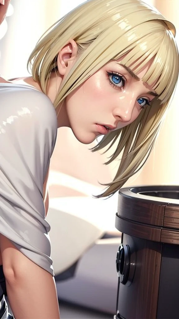 (（（Perfect body,White and tender skin,（（（BLACK KIMONO, CLEAVAGE, VAMBRACES,）））,（（（Samui, Blue eyes, blonde hair, short hair, bangs, blunt bangs,）））,((masterpiece)),high resolution, ((Best quality at best)),masterpiece,quality,Best quality,（（（ Exquisite facial features,Looking at the audience,There is light in the eyes,Poker face）））,From the back）））,（（（Light and shadow,Huge breasts，Plump buttocks）））,（（（Looking at the camera,black background,)））),