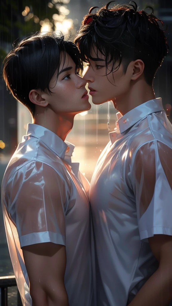 Two handsome 25 year old men about to kiss.。Handsome man gets wet in the rain、The clothes are transparent。He wears a white shirt。Both of their cheeks are a little red.。