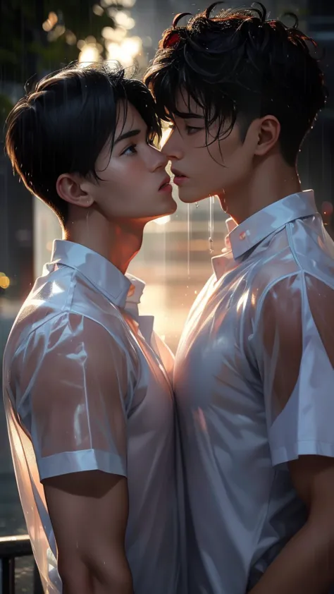 Two handsome 25 year old men about to kiss.。Handsome man gets wet in the rain、The clothes are transparent。He wears a white shirt...