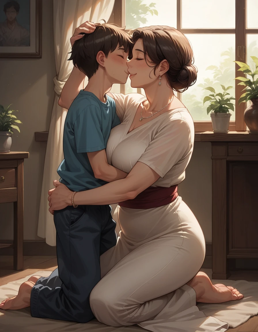 score_9, score_8_up, score_7_up, source_anime, 1boy, 1girl, mature female , mother and son kissing passionately, attratctive clothes, kid, hug, smile, hand on head, kneeling, 