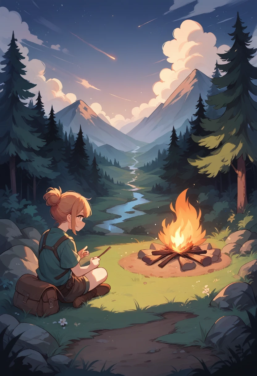 A campfire with a sparkling water near by, a forest and a sparkling night sky, no character, landscape 