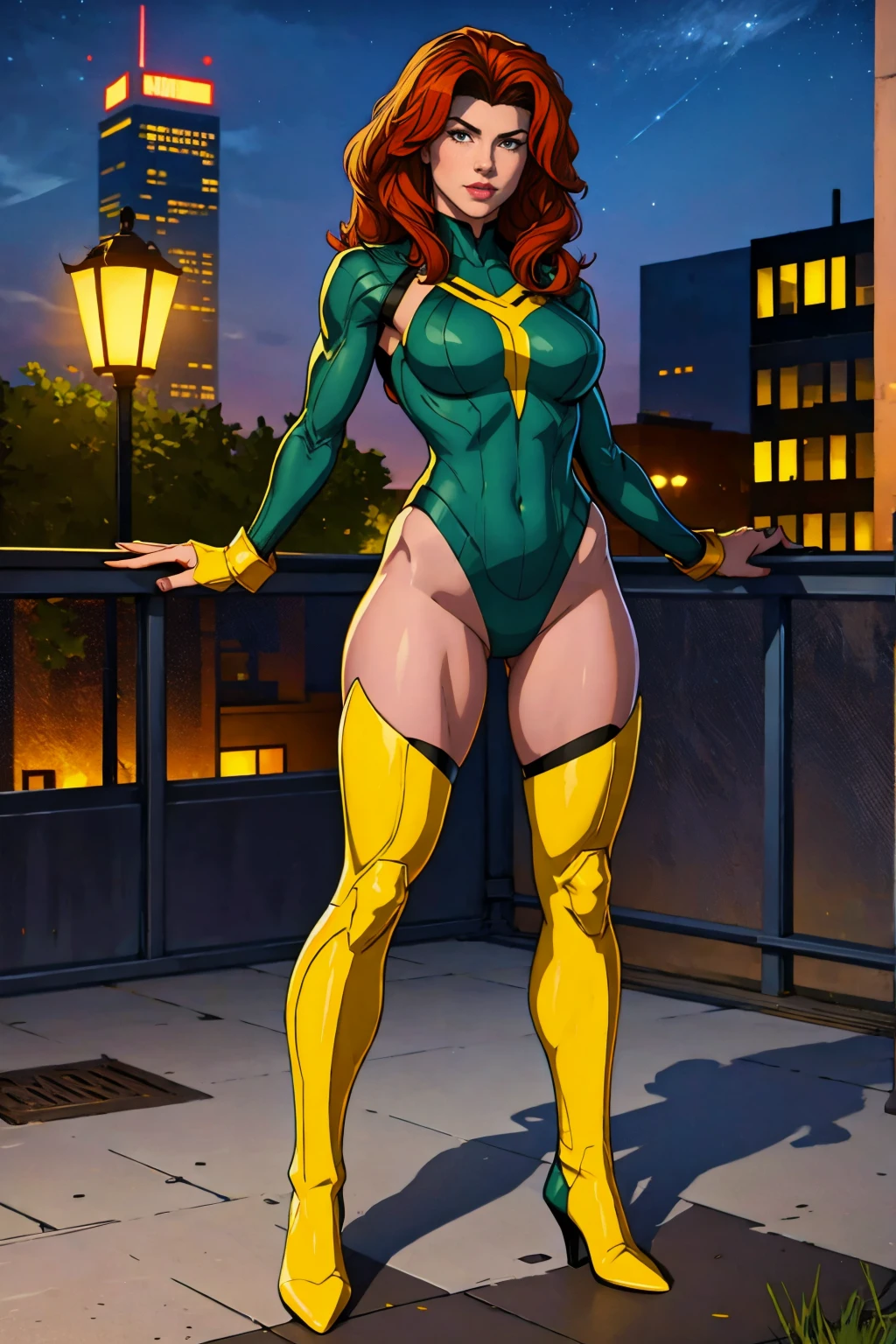 ((Full body photo, standing, feet on the floor)) (best quality,4k,8k,highres,masterpiece:1.2),ultra-detailed,(realistic,photorealistic,photo-realistic:1.37),full body shot,Rogue,X-Men,yellow thigh high boots,beauty pose, standing tall, show feet, outside, city rooftop at night, green headband