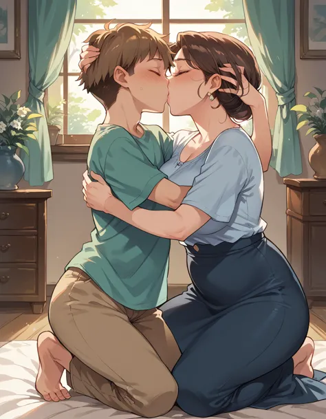 score_9, score_8_up, score_7_up, source_anime, 1boy, 1girl, mature female, mother and son, kid, hug, kiss, hand on head, kneelin...