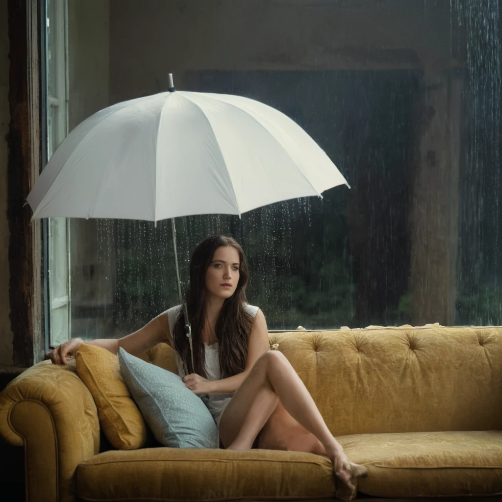 cinematic film still of  Juxtaposition of a woman sentado on a sofá holding an guarda-chuva with foamy cloud chuva above,1 garota,Sozinho,cabelo longo castanho,sentado,dentro de casa,janela,guarda-chuva,sofá,chuva,realista,Ruínas Juxtaposition,artístico,fotografia,Luz dramática,luz de sombra dramática,contraste,cor saturada,cinematic,cinematográfico,fotográfico,realista,Realismo,perfeitoion,perfeito,Justaposto,oposto,coisas diferentes,lado a lado,sincretismo,antítese,Estilo de justaposição,Ruínas , criativo, photoRealismo, hyperRealismo, Fine art fotografia style, Fine art cinematic fotografia style, profundidade superficial de campo, vinheta, Altamente detalhado, alto orçamento, Bokeh, cinemascópio, temperamental, épico, maravilhoso, film gchuva, gchuvay