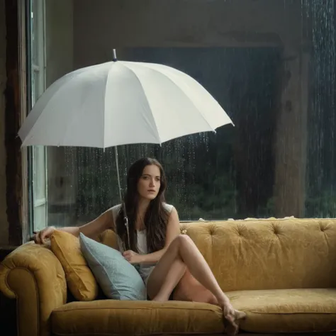 cinematic film still of  Juxtaposition of a woman sitting on a couch holding an umbrella with foamy cloud rain above,1girl,solo,...