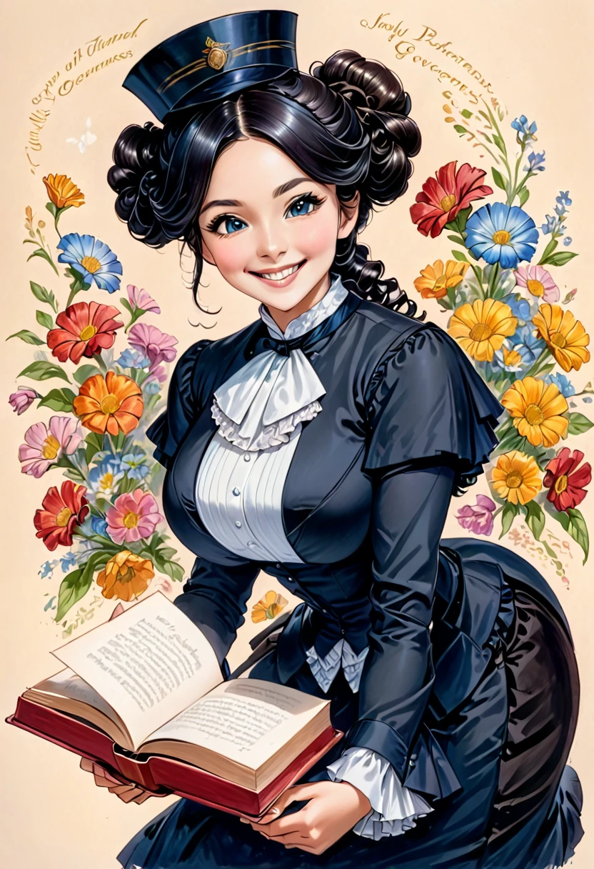 A colored pencil drawing of a pretty  smiling happy victorian governess, curly black hair. Kind and inteligent, joyful  energy. hair in bun, hat. book of poetry in hand. full features, round face
