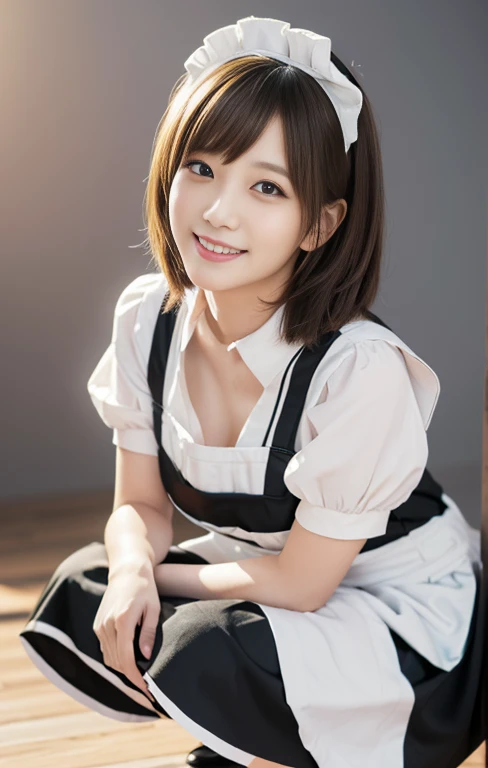 (A cute bunny girl with a light pink maid outfit, working at a maid cafe, best smile, full body shot, gray background, wearing black high heels, short wavy brown hair, squatting pose, (best quality,4k,8k,highres,masterpiece:1.2),ultra-detailed,(realistic,photorealistic,photo-realistic:1.37),detailed facial features,beautiful detailed eyes,beautiful detailed lips,extremely detailed face,longeyelashes,maid uniform,maid cafe interior,studio lighting,vivid colors,warm lighting)