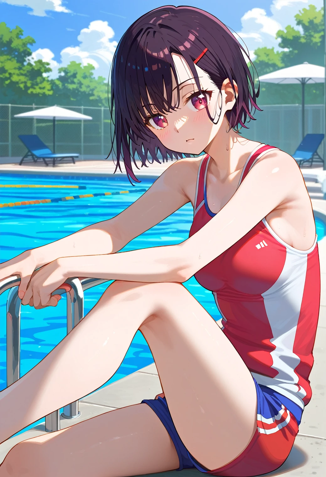 Mikazuki Shizuka, alone,One girl, Sportswear,Woman and man training,Poolside,BREAKscore_9, score_8_Excellent, score_7_Excellent, anime