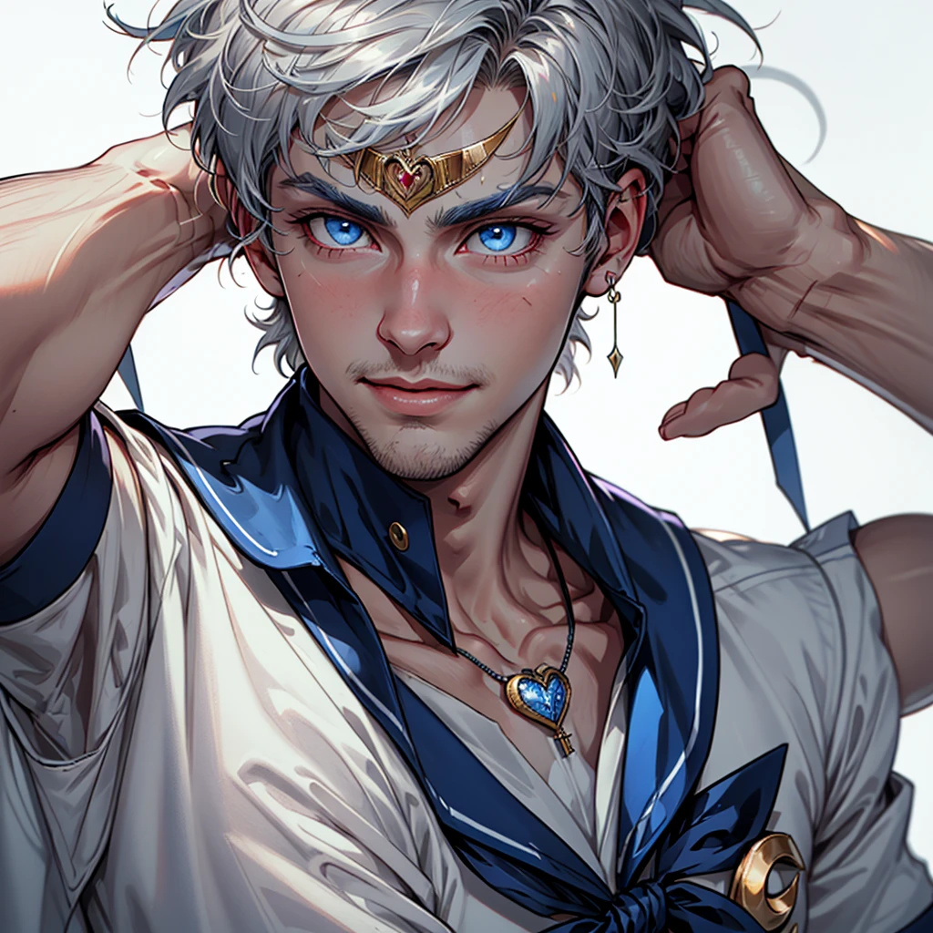 1boy, Alternative Sailor Moon, manly, silver hair, blue eyes, circlet, smirk, blue sailor collar, brooch, necklace with ruby pendant, closed mouth, crescent, crescent ear piercings,  (silver short hair), hair ornament, heart brooch with (blue bowtie), looking at viewer, magical boy, multicolored clothes,
parted bangs, male sailor helios uniform, solo, dark blue gloves, white background, (studio quality:0.7),
(masterpiece), photorealistic, top quality, best quality, (absurdres), deep focus,  intricate details, high quality, ultra high res, 8k, UHD, HD
(GS-Masculine:0.7) 