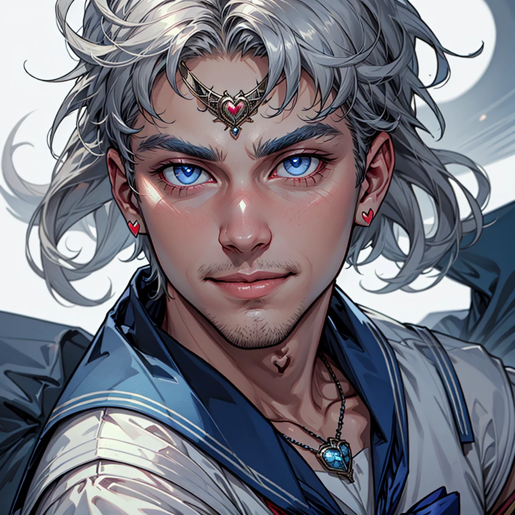 1boy, Alternative Sailor Moon, manly, silver hair, blue eyes, circlet, smirk, blue sailor collar, brooch, necklace with ruby pendant, closed mouth, crescent, crescent ear piercings,  (silver short hair), hair ornament, heart brooch with (blue bowtie), looking at viewer, magical boy, multicolored clothes,
parted bangs, male sailor helios uniform, solo, dark blue gloves, white background, (studio quality:0.7),
(masterpiece), photorealistic, top quality, best quality, (absurdres), deep focus,  intricate details, high quality, ultra high res, 8k, UHD, HD
(GS-Masculine:0.7) 