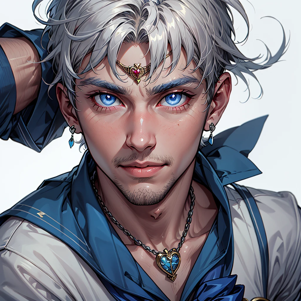 1boy, Alternative Sailor Moon, manly, silver hair, blue eyes, circlet, smirk, blue sailor collar, brooch, necklace with ruby pendant, closed mouth, crescent, crescent ear piercings,  (silver short hair), hair ornament, heart brooch with (blue bowtie), looking at viewer, magical boy, multicolored clothes,
parted bangs, male sailor helios uniform, solo, dark blue gloves, white background, (studio quality:0.7),
(masterpiece), photorealistic, top quality, best quality, (absurdres), deep focus,  intricate details, high quality, ultra high res, 8k, UHD, HD
(GS-Masculine:0.7) 