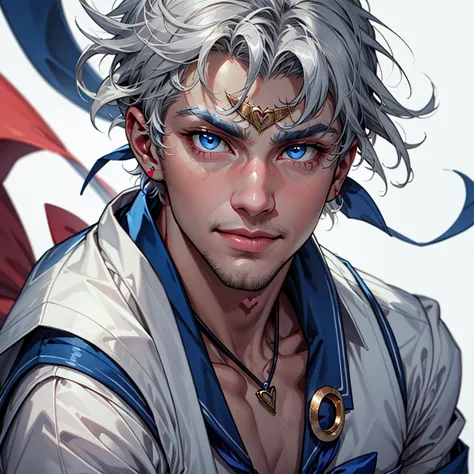 1boy, Alternative Sailor Moon, manly, silver hair, blue eyes, circlet, smirk, blue sailor collar, brooch, necklace with ruby pen...