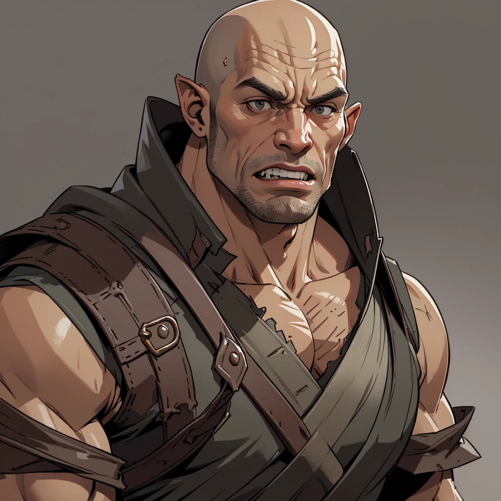 (masterpiece), (best quality),(portrait),(bust up),1boy,solo,(sharp focus),orc,muscular,muscle,bald,(ancient:1),ancient luxurious long clothes,old school fantasy art,((simple background)),(teeth),orczor