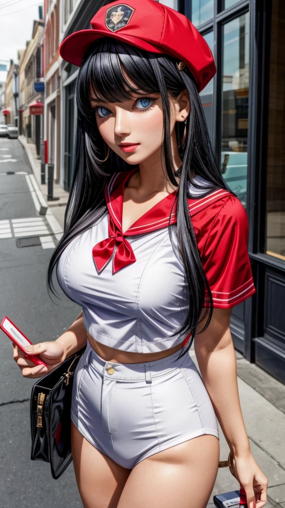 a woman wearing red sailor outfit with a card slot in her shirt and black hair down, 1girl, solo, blue eyes, hat, breasts, cleavage, looking at viewer, black hair