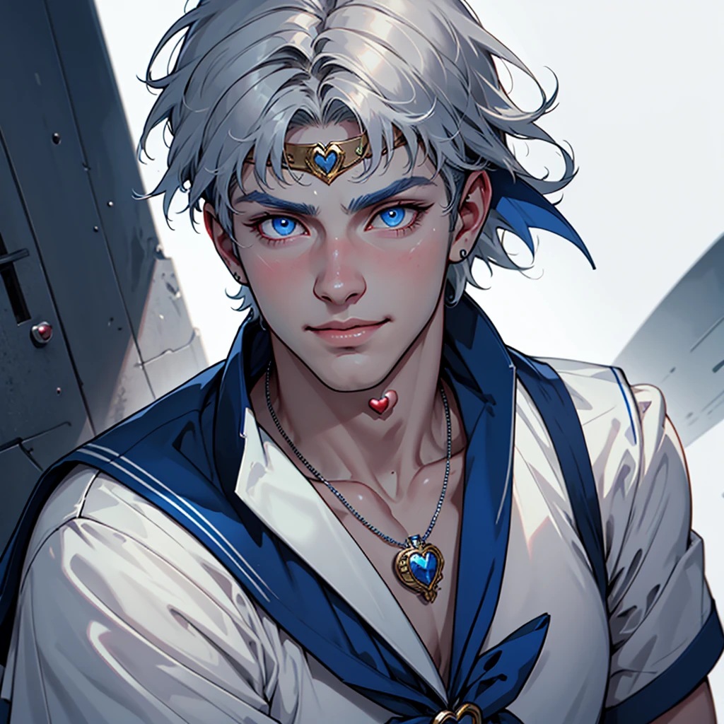 1boy, Alternative Sailor Moon, manly, silver hair, blue eyes, circlet, smirk, blue sailor collar, brooch, necklace with ruby pendant, closed mouth, crescent, crescent ear piercings,  (silver short hair), hair ornament, heart brooch with (blue bowtie), looking at viewer, magical boy, multicolored clothes,
parted bangs, male sailor helios uniform, solo, dark blue gloves, white background, (studio quality:0.7),
(masterpiece), photorealistic, human, kpop, top quality, best quality, (absurdres), deep focus,  intricate details, high quality, ultra high res, 8k, UHD, HD
(GS-Masculine:0.7) 