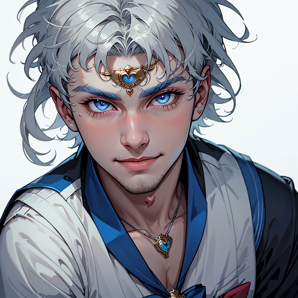 1boy, Alternative Sailor Moon, manly, silver hair, blue eyes, circlet, smirk, blue sailor collar, brooch, necklace with ruby pendant, closed mouth, crescent, crescent ear piercings,  (silver short hair), hair ornament, heart brooch with (blue bowtie), looking at viewer, magical boy, multicolored clothes,
parted bangs, male sailor helios uniform, solo, dark blue gloves, white background, (studio quality:0.7),
(masterpiece), photorealistic, human, kpop, top quality, best quality, (absurdres), deep focus,  intricate details, high quality, ultra high res, 8k, UHD, HD
(GS-Masculine:0.7) 