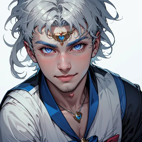 1boy, alternative sailor moon, manly, silver hair, blue eyes, circlet, smirk, blue sailor collar, brooch, necklace with ruby pen...