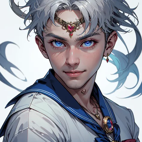 1boy, alternative sailor moon, manly, silver hair, blue eyes, circlet, smirk, blue sailor collar, brooch, necklace with ruby pen...