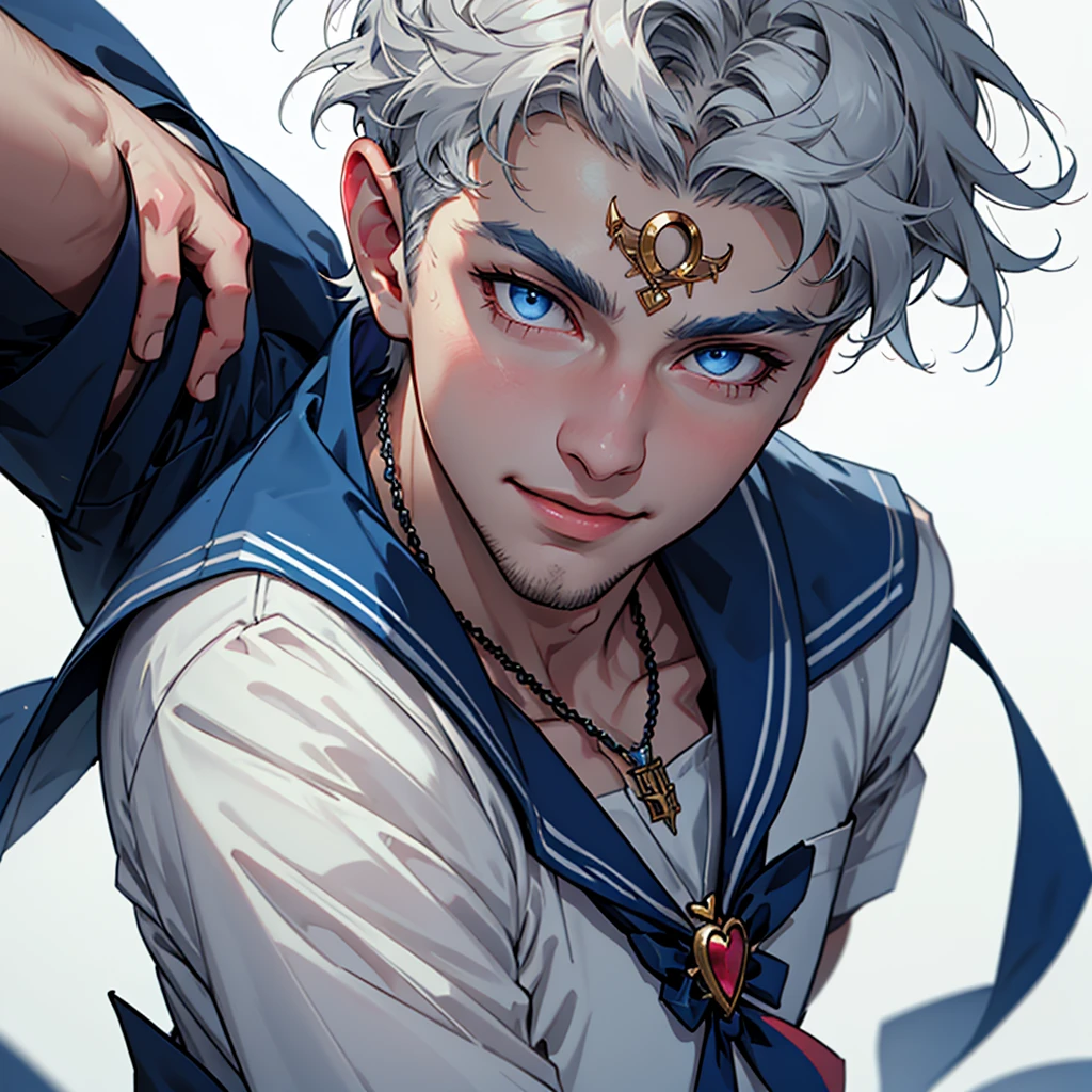 1boy, Alternative Sailor Moon, manly, silver hair, blue eyes, circlet, smirk, blue sailor collar, brooch, necklace with ruby pendant, closed mouth, crescent, crescent ear piercings,  (silver short hair), hair ornament, heart brooch with (blue bowtie), looking at viewer, magical boy, multicolored clothes,
parted bangs, male sailor helios uniform, solo, dark blue gloves, white background, (studio quality:0.7),
(masterpiece), photorealistic, human, kpop, top quality, best quality, (absurdres), deep focus,  intricate details, high quality, ultra high res, 8k, UHD, HD
(GS-Masculine:0.7) 