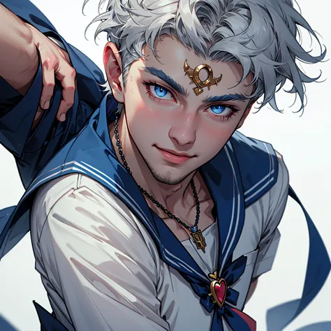 1boy, Alternative Sailor Moon, manly, silver hair, blue eyes, circlet, smirk, blue sailor collar, brooch, necklace with ruby pen...