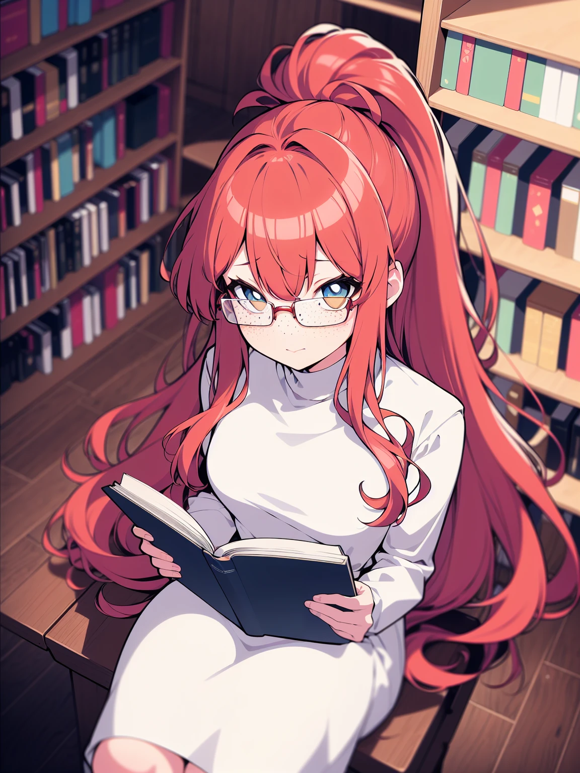 from above, colorful, (best quality, ultra-high resolution, depth of field:1.2), 1woman, long red hair, ponytail, hazel eyes, freckles, slender build, white dress, glasses, (library background), focused and serene, sitting, reading a book