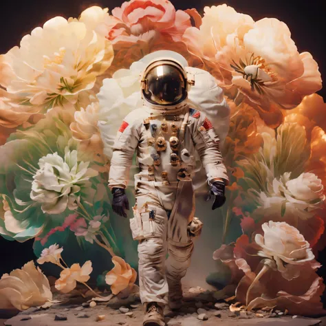 A skull wearing astronaut helmet, Walking on blooming roses, full body, militaristic realism, hd mod, dark gold, distinctive nos...