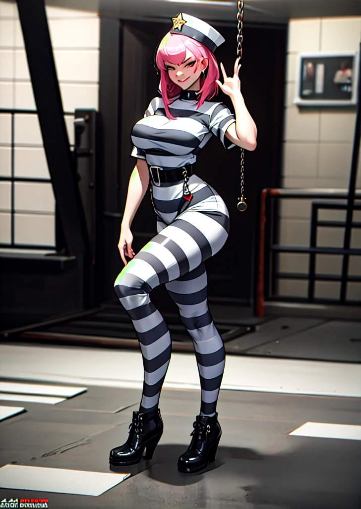 ((Masterpiece, best quality)),edgQuality,smirk,smug,bimbo glossy,full body,
edgHJ,striped clothing, a woman in a jail outfit posing for a picture ,wearing edgHJ,
